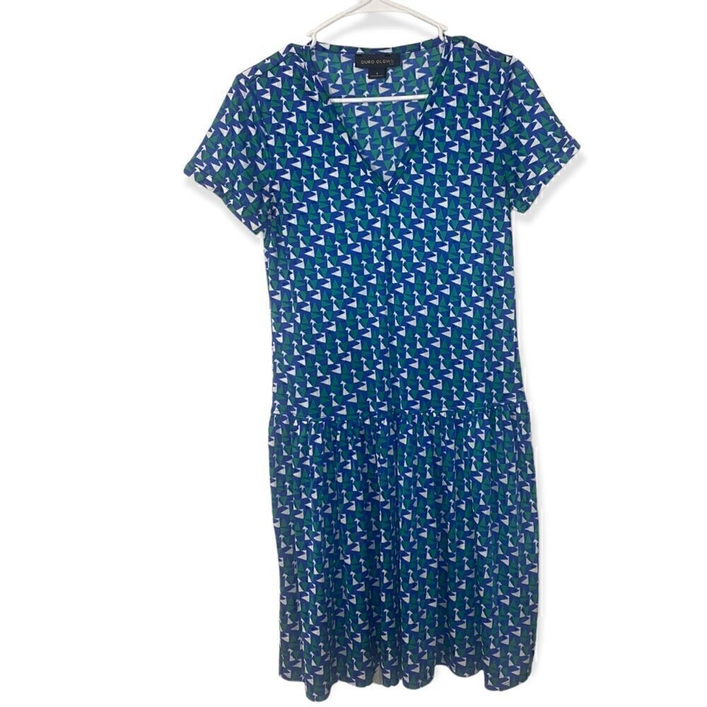 Duro Olowu Pattern drop waist blue green dress med